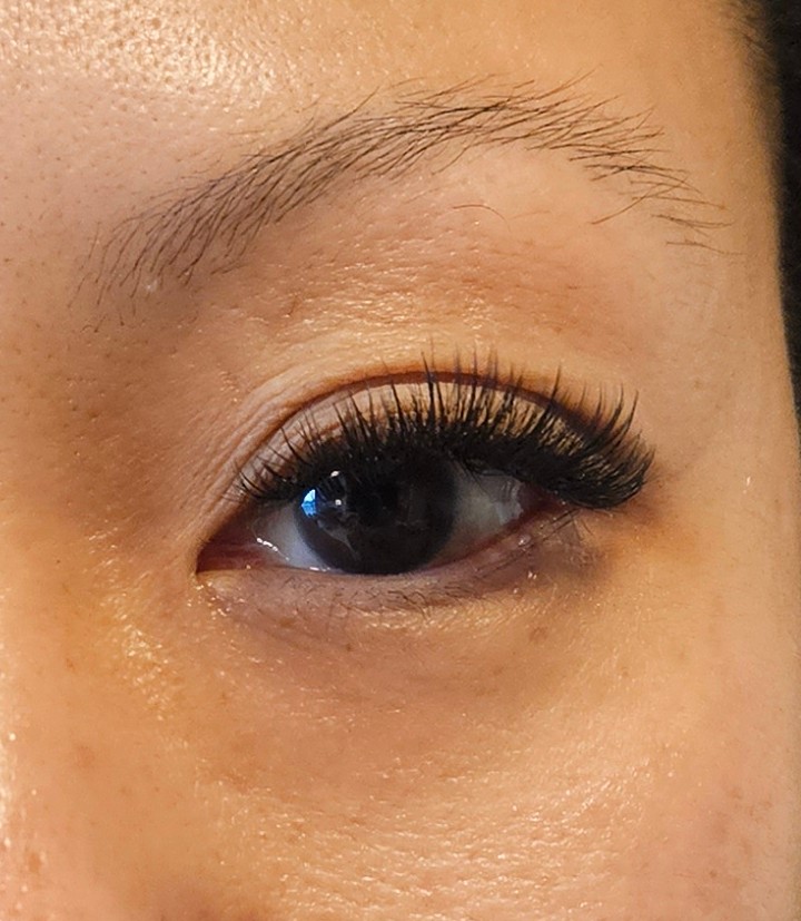 Close-up of a dark eye with full, dense volume lash extensions